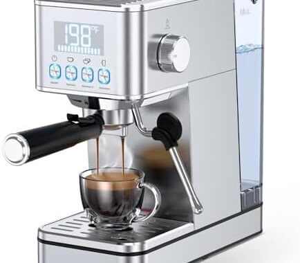 Espresso Machine, 20Bar Compact Stainless Espresso Maker, With Milk Frother Steam Wand, 57.5OZ Removable Water Tank, Displays Making Time & Water Temperature, Cold Brew & Cappuccino, Silver