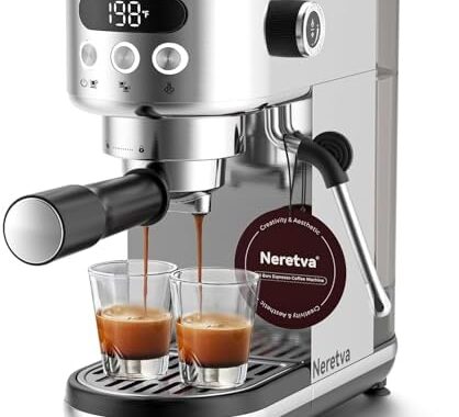 Neretva Espresso Machine 20 Bar, Super Compact Espresso Maker Stainless Steel Professional Coffee Machine Espresso with Power Steam & LED Display for Home Barista Latte and Cappuccino Maker-Silver