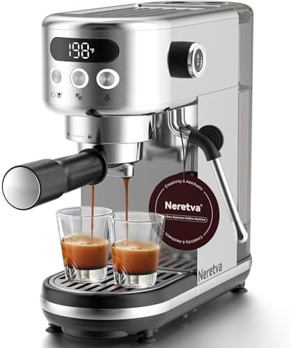 Neretva Espresso Machine 20 Bar, Super Compact Espresso Maker Stainless Steel Professional Coffee Machine Espresso with Power Steam & LED Display for Home Barista Latte and Cappuccino Maker-Silver